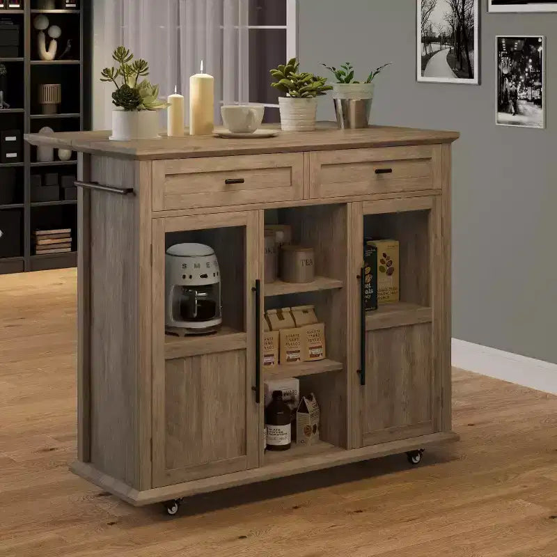 Îlot de cuisine roulant Coolmee avec abattant, desserte à roulettes avec rangement, chariot de micro-ondes sur roulettes, desserte de bar de table pour cuisine avec porte-serviettes