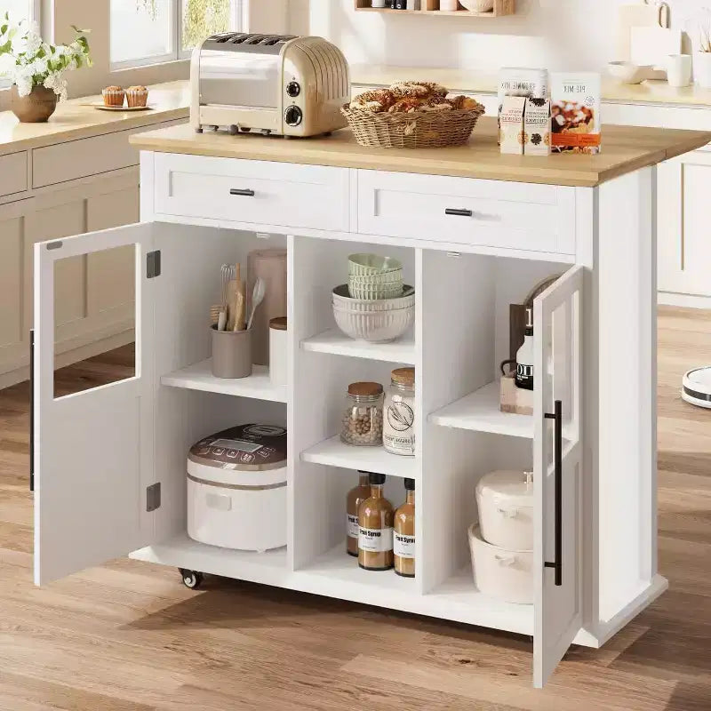 Îlot de cuisine roulant Coolmee avec abattant, desserte à roulettes avec rangement, chariot de micro-ondes sur roulettes, desserte de bar de table pour cuisine avec porte-serviettes