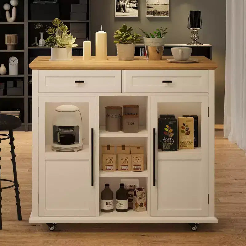 Îlot de cuisine roulant Coolmee avec abattant, desserte à roulettes avec rangement, chariot de micro-ondes sur roulettes, desserte de bar de table pour cuisine avec porte-serviettes
