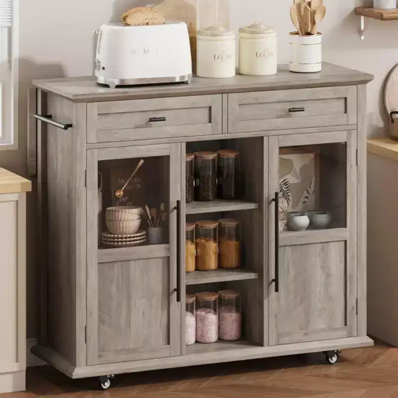 Îlot de cuisine roulant Coolmee avec abattant, desserte à roulettes avec rangement, chariot de micro-ondes sur roulettes, desserte de bar de table pour cuisine avec porte-serviettes