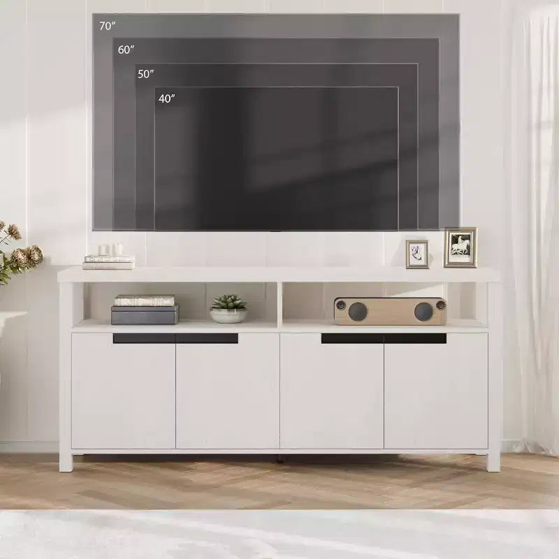 Meuble TV de ferme pour téléviseurs jusqu'à 70 pouces, meuble TV de 160 cm de long avec 4 portes et étagère ouverte, consoles multimédia rustiques