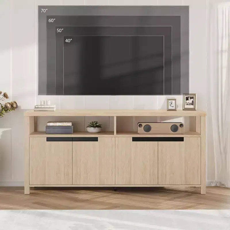 Meuble TV de ferme pour téléviseurs jusqu'à 70 pouces, meuble TV de 160 cm de long avec 4 portes et étagère ouverte, consoles multimédia rustiques