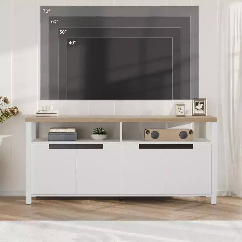 Meuble TV de ferme pour téléviseurs jusqu'à 70 pouces, meuble TV de 160 cm de long avec 4 portes et étagère ouverte, consoles multimédia rustiques