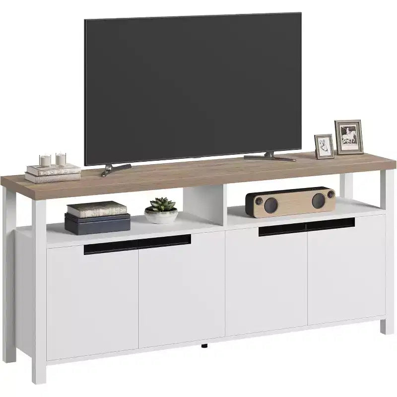 Farmhouse TV Stand for TVs up to 70 Inch, 63 Inch Long Entertainment Center with 4 Door and Open Shelf, Rustic Television Media Consoles Stands