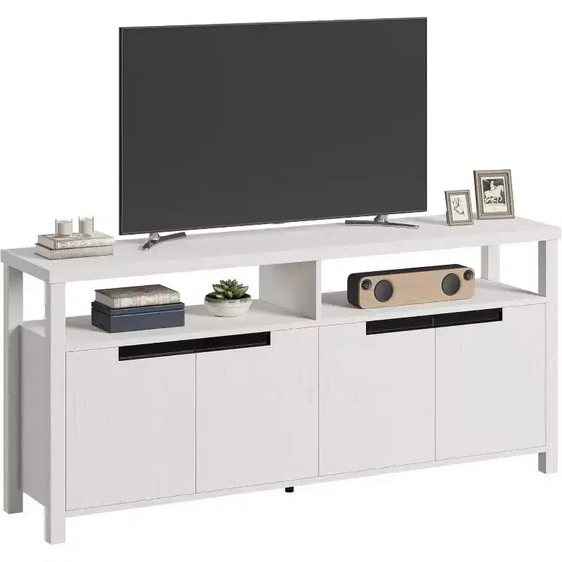 Meuble TV de ferme pour téléviseurs jusqu'à 70 pouces, meuble TV de 160 cm de long avec 4 portes et étagère ouverte, consoles multimédia rustiques