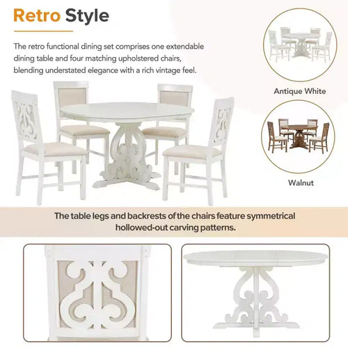 Ensemble de salle à manger rétro 5 pièces avec table extensible et 4 chaises rembourrées, rallonge de 40 cm, idéal pour la cuisine et la salle à manger