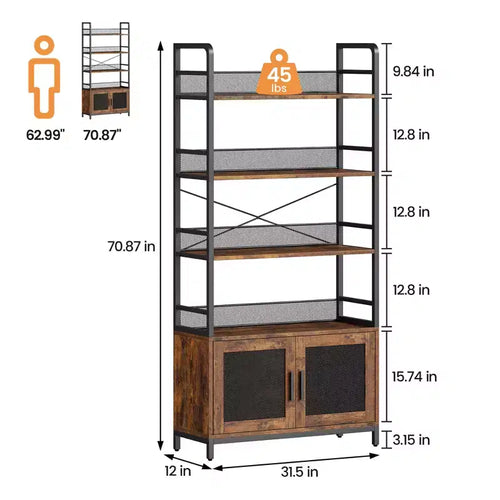 70.87 Bibliothèque industrielle avec portes, étagère de rangement ouverte rustique à 4 niveaux, étagère de présentation de style ferme pour chambre, salon, bureau à domicile, marron