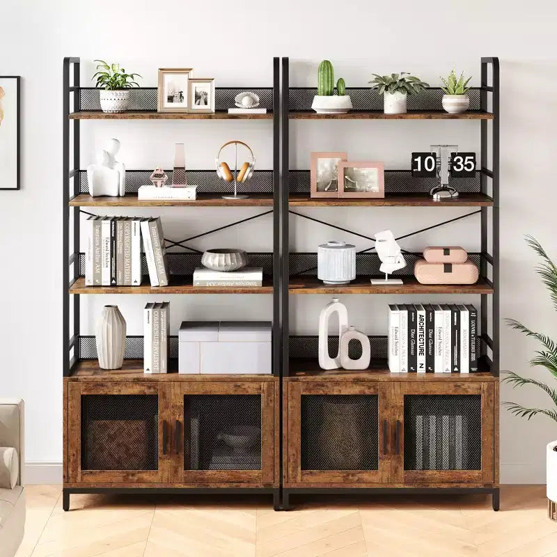 70.87 Bibliothèque industrielle avec portes, étagère de rangement ouverte rustique à 4 niveaux, étagère de présentation de style ferme pour chambre, salon, bureau à domicile, marron