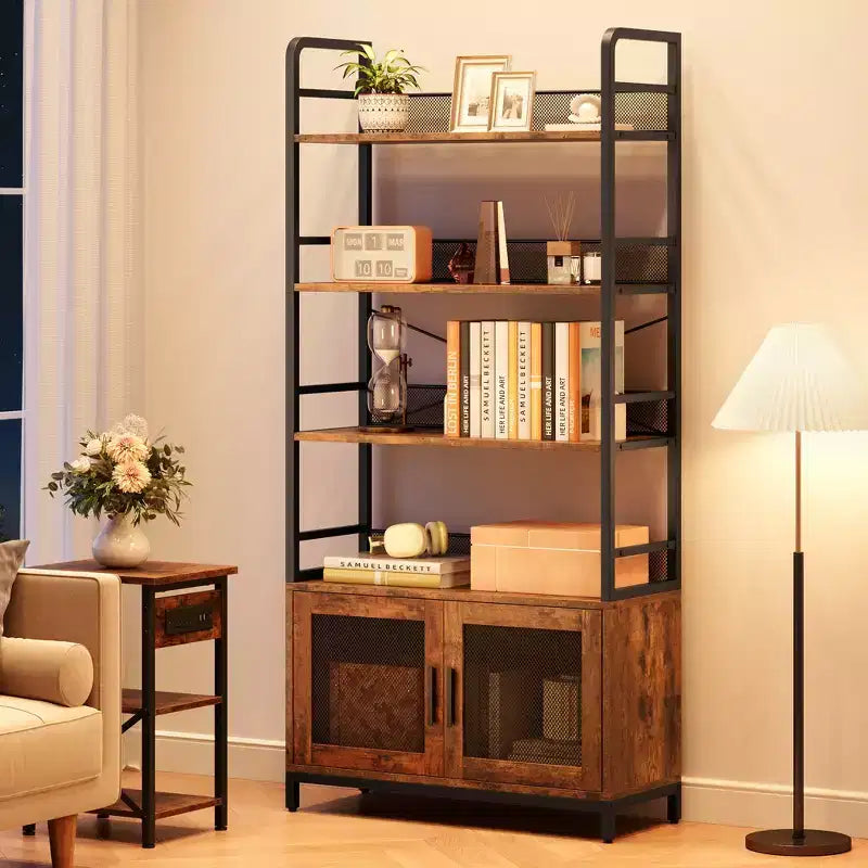 70.87 Bibliothèque industrielle avec portes, étagère de rangement ouverte rustique à 4 niveaux, étagère de présentation de style ferme pour chambre, salon, bureau à domicile, marron