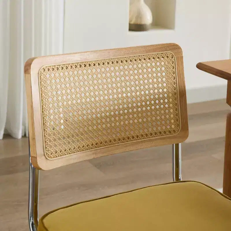 Lot de 2 chaises de salle à manger modernes du milieu du siècle, vert olive, chaises d'appoint en velours avec dossier en rotin naturel et piètement en chrome inoxydable