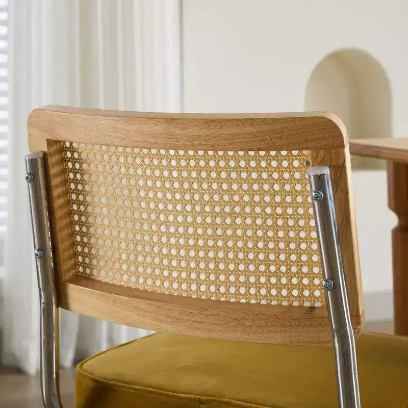Lot de 2 chaises de salle à manger modernes du milieu du siècle, vert olive, chaises d'appoint en velours avec dossier en rotin naturel et piètement en chrome inoxydable