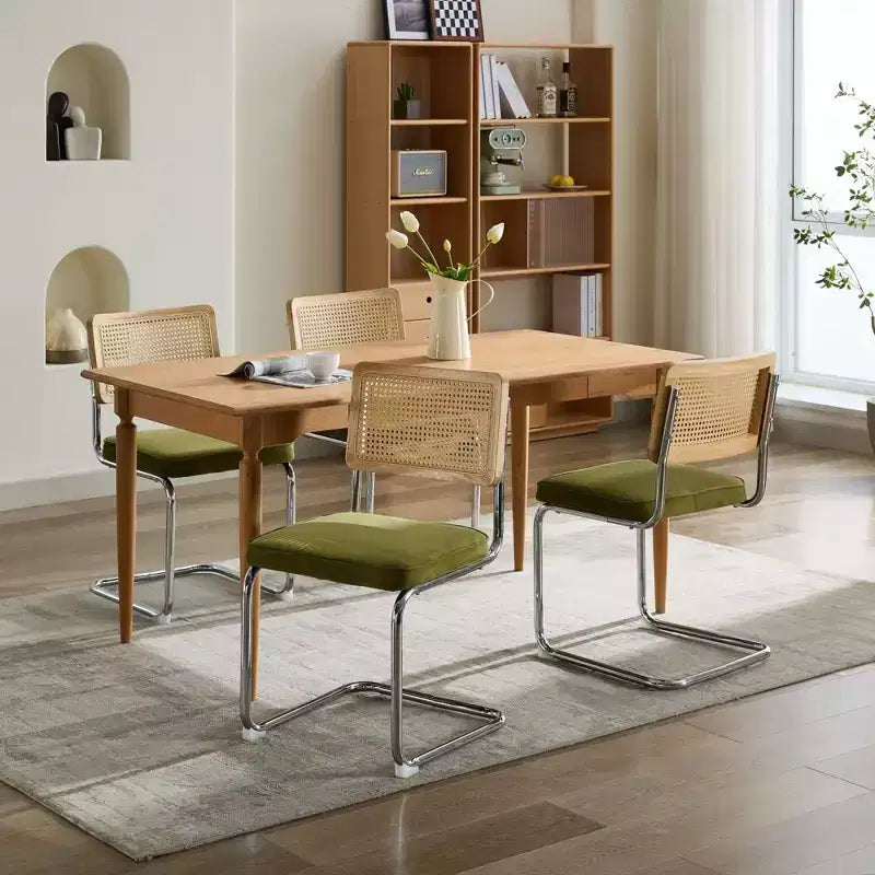Lot de 2 chaises de salle à manger modernes du milieu du siècle, vert olive, chaises d'appoint en velours avec dossier en rotin naturel et piètement en chrome inoxydable