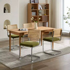 Lot de 2 chaises de salle à manger modernes du milieu du siècle, vert olive, chaises d'appoint en velours avec dossier en rotin naturel et piètement en chrome inoxydable