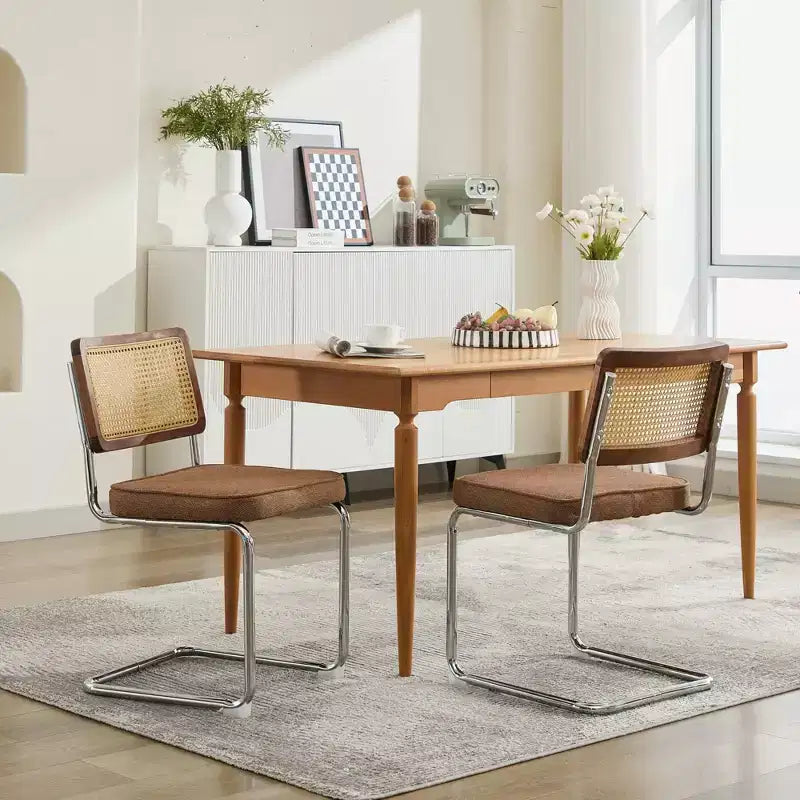 Lot de 2 chaises de salle à manger modernes du milieu du siècle, vert olive, chaises d'appoint en velours avec dossier en rotin naturel et piètement en chrome inoxydable