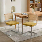 Lot de 2 chaises de salle à manger modernes du milieu du siècle, vert olive, chaises d'appoint en velours avec dossier en rotin naturel et piètement en chrome inoxydable