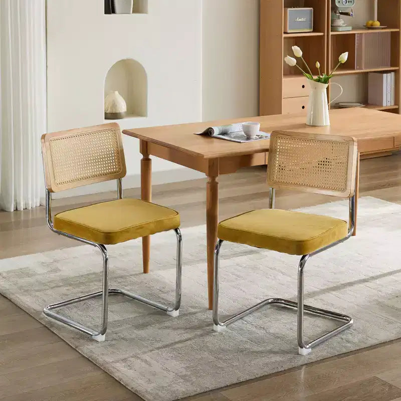 Lot de 2 chaises de salle à manger modernes du milieu du siècle, vert olive, chaises d'appoint en velours avec dossier en rotin naturel et piètement en chrome inoxydable