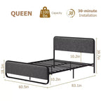 Cadre de lit Queen, Cadre de lit Queen rembourré avec tête de lit, pied de lit, rangement sous le lit, Cadre de lit moderne silencieux avec métal robuste