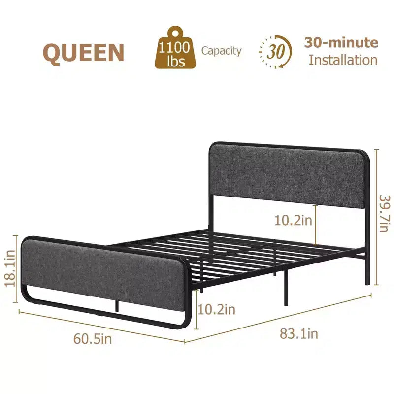 Cadre de lit Queen, Cadre de lit Queen rembourré avec tête de lit, pied de lit, rangement sous le lit, Cadre de lit moderne silencieux avec métal robuste