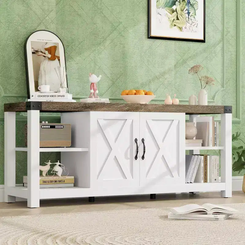 Meuble TV banc de divertissement 65" - Console média avec étagères de rangement pour salon