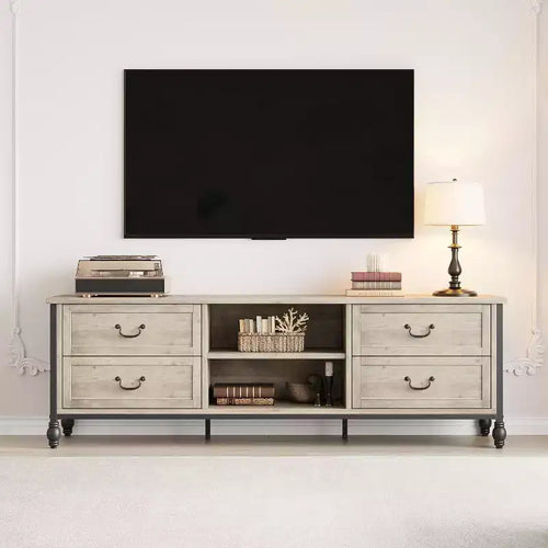 70 Inch Mid-Century Modern TV Stand, Entertainment Center Featuring Metal Roman Columns and Drawer, TV Console Table for Living Room Rustic Grey