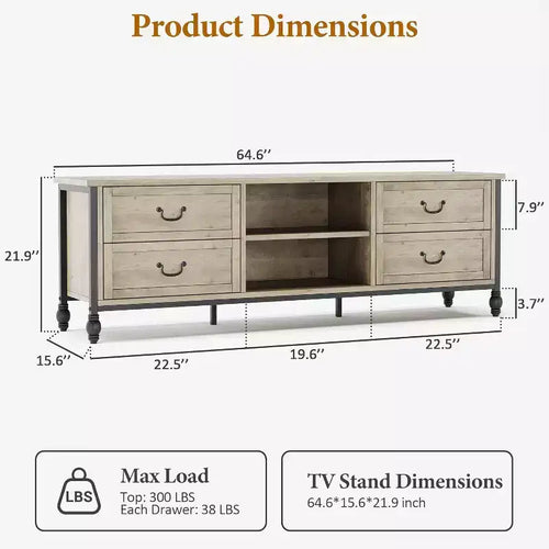 Meuble TV moderne du milieu du siècle de 70 pouces, meuble de divertissement avec colonnes romaines en métal et tiroir, console TV pour salon gris rustique