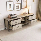 Meuble TV moderne du milieu du siècle de 70 pouces, meuble de divertissement avec colonnes romaines en métal et tiroir, console TV pour salon gris rustique