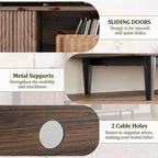 Meuble TV cannelé pour 75 pouces, meuble de divertissement bohème avec portes coulissantes, meuble multimédia en bois avec étagères réglables