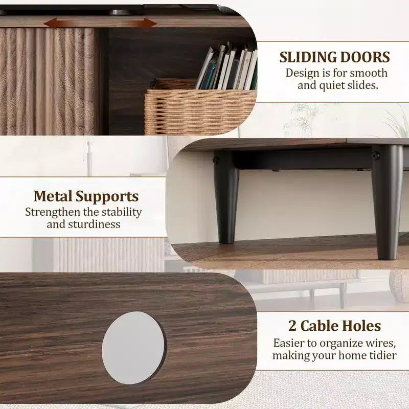 Meuble TV cannelé pour 75 pouces, meuble de divertissement bohème avec portes coulissantes, meuble multimédia en bois avec étagères réglables