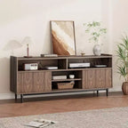 Meuble TV cannelé pour 75 pouces, meuble de divertissement bohème avec portes coulissantes, meuble multimédia en bois avec étagères réglables
