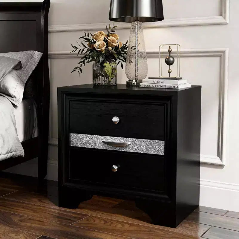CLIHOME Table de chevet contemporaine avec rangements, accents argentés et tiroir à bijoux caché