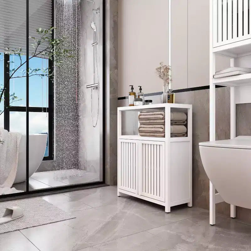 MAYEERTY White Large Bamboo Storage Cabinet Furniture for Bathroom Living Room with Shelves 1pcs