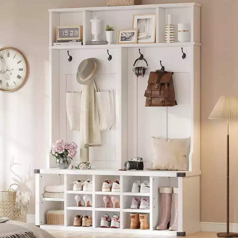 Coolmee Banc d'entrée 4 en 1 style ferme avec porte-manteau et 6 crochets, étagère réglable, banc de vestiaire, 193 cm