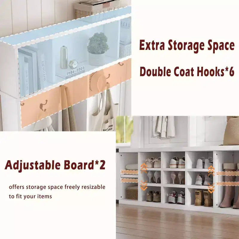 Coolmee Banc d'entrée 4 en 1 style ferme avec porte-manteau et 6 crochets, étagère réglable, banc de vestiaire, 193 cm