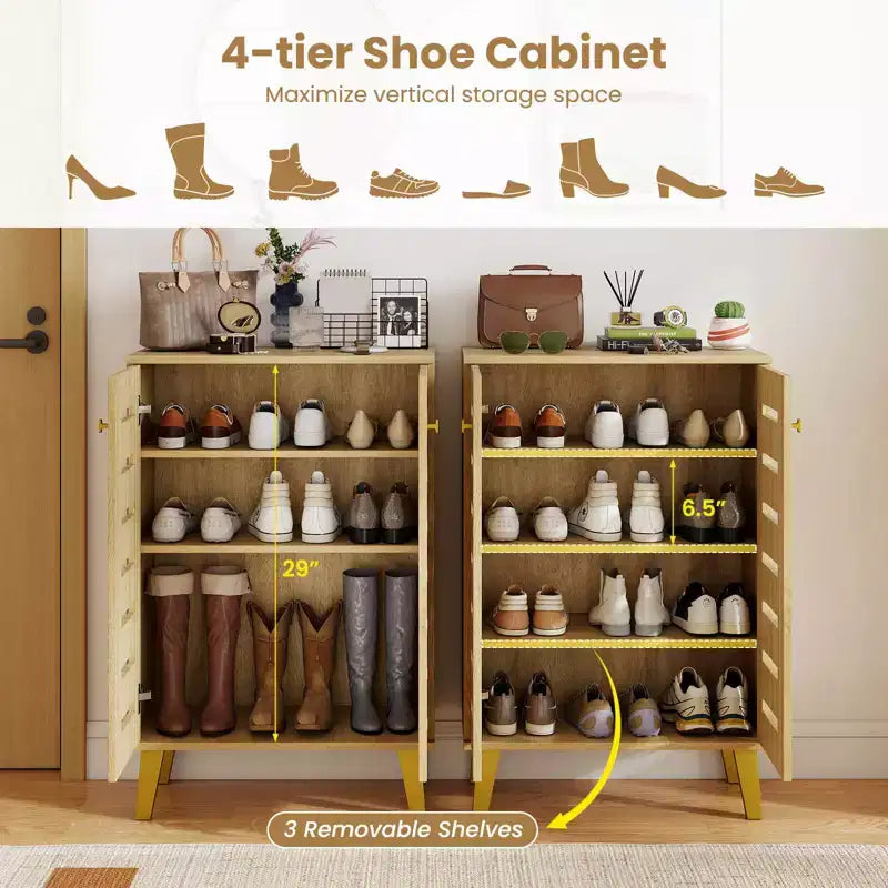 Meuble à Chaussures Costway à 4 Niveaux en Bois avec Portes et Étagères Amovibles pour Entrée