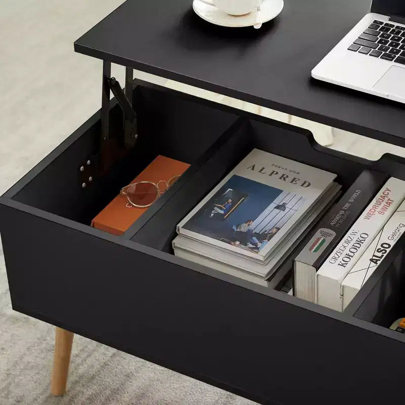Table basse à plateau relevable TROPOW Table centrale avec compartiment caché Étagère de rangement réglable Table à manger à plateau relevable, noire
