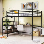 High Full Size Loft Bed with Stairs, Metal Loft Bed with Desk, Full Loft Bed Frame with Lateral Storage Ladder