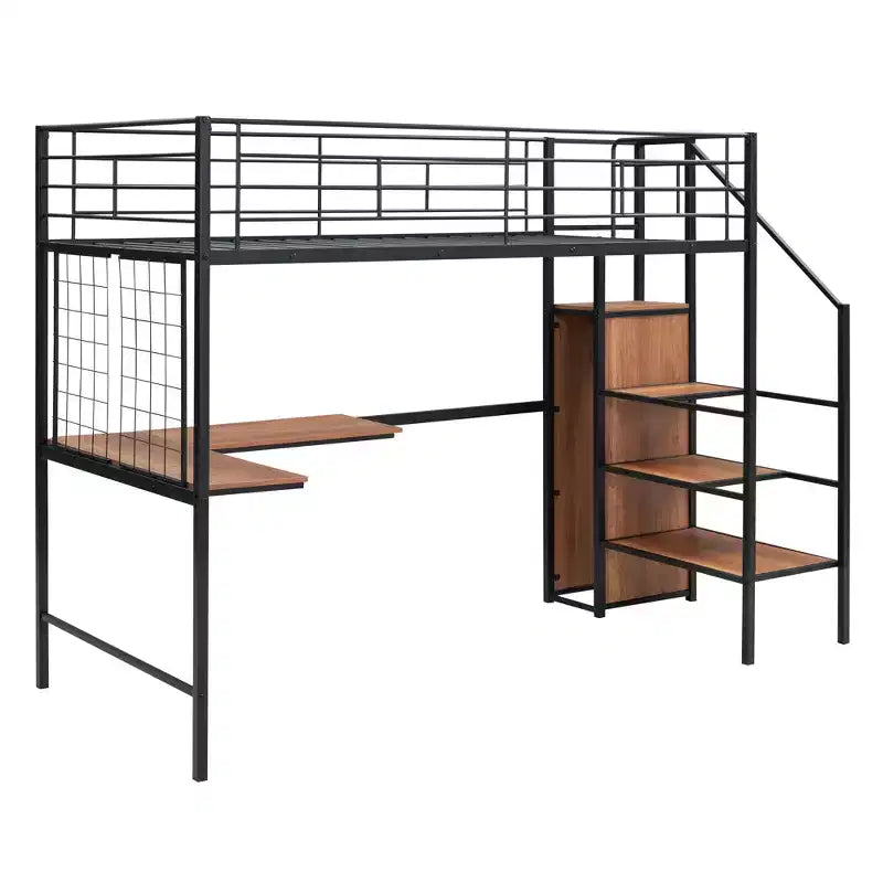 Lit mezzanine en métal avec bureau et grille métallique, lit élégant avec cadre en métal, échelle de rangement latérale et armoire