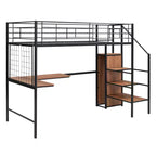 Lit mezzanine en métal avec bureau et grille métallique, lit élégant avec cadre en métal, échelle de rangement latérale et armoire