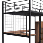 Lit mezzanine en métal avec bureau et grille métallique, lit élégant avec cadre en métal, échelle de rangement latérale et armoire