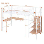 Lit mezzanine en métal avec bureau et grille métallique, lit élégant avec cadre en métal, échelle de rangement latérale et armoire