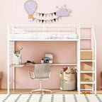 Lit mezzanine en métal avec bureau et grille métallique, lit élégant avec cadre en métal, échelle de rangement latérale et armoire