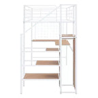 Lit mezzanine en métal avec bureau et grille métallique, lit élégant avec cadre en métal, échelle de rangement latérale et armoire
