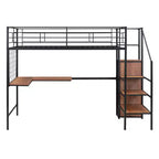 Lit mezzanine en métal avec bureau et grille métallique, lit élégant avec cadre en métal, échelle de rangement latérale et armoire