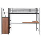 Lit mezzanine en métal avec bureau et grille métallique, lit élégant avec cadre en métal, échelle de rangement latérale et armoire