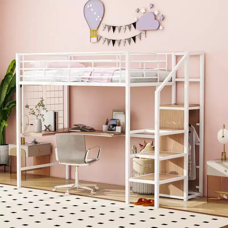 Lit mezzanine en métal avec bureau et grille métallique, lit élégant avec cadre en métal, échelle de rangement latérale et armoire