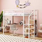 Lit mezzanine en métal avec bureau et grille métallique, lit élégant avec cadre en métal, échelle de rangement latérale et armoire