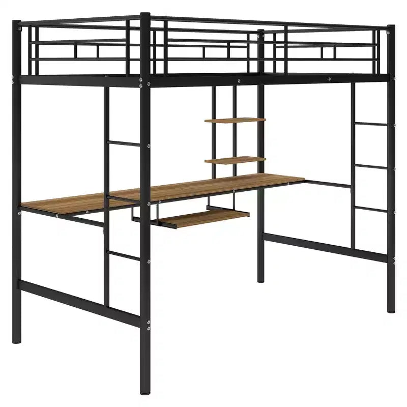 Lit mezzanine en métal avec bureau intégré et étagère de rangement, lit mezzanine haut avec tablette coulissante pour clavier pour enfants garçons filles adolescents