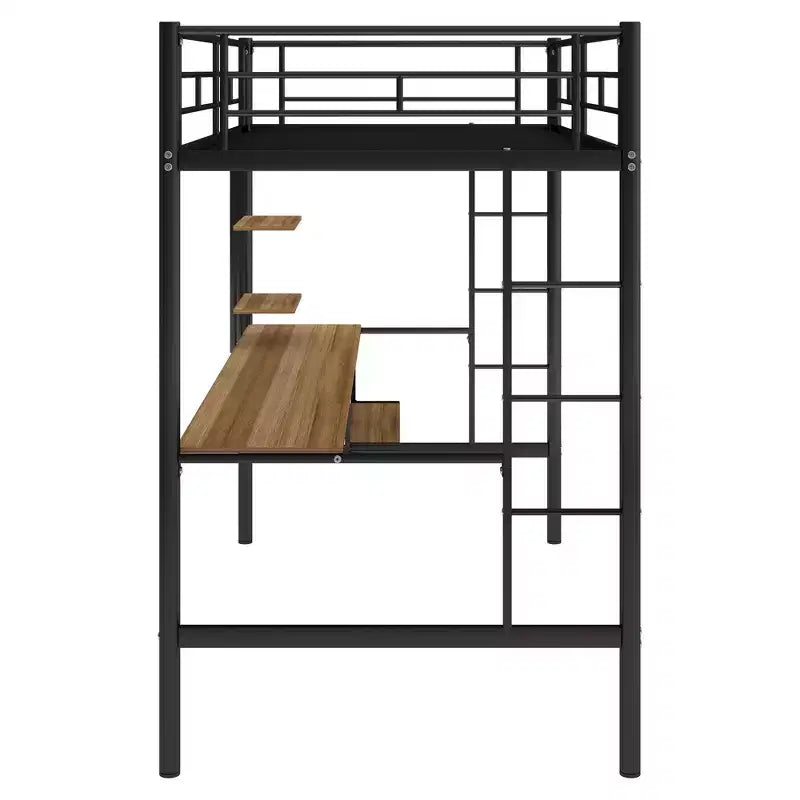 Lit mezzanine en métal avec bureau intégré et étagère de rangement, lit mezzanine haut avec tablette coulissante pour clavier pour enfants garçons filles adolescents