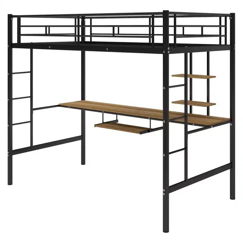Lit mezzanine en métal avec bureau intégré et étagère de rangement, lit mezzanine haut avec tablette coulissante pour clavier pour enfants garçons filles adolescents