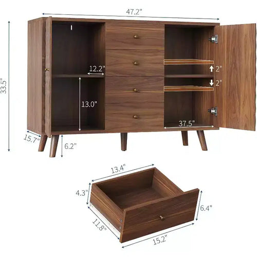 Buffet de 120 cm de large avec 4 tiroirs, grand buffet avec rangement, buffet de ferme en bois avec 2 portes, pour la maison
